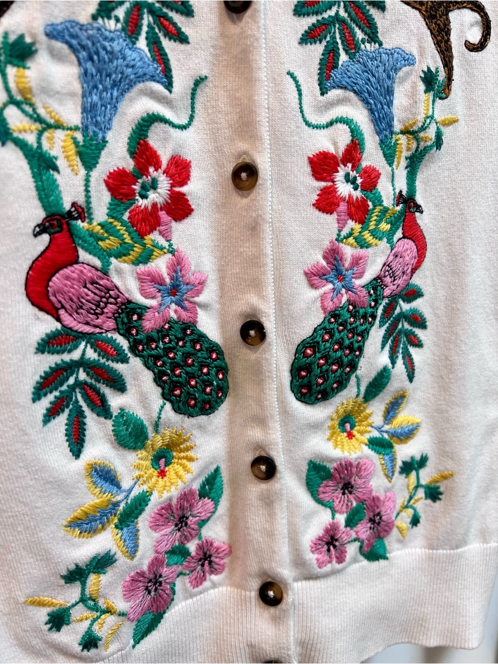 Boden White Cardigan with Multicolor Floral & Animal Embroidery (size S) - Picture 6 of 10